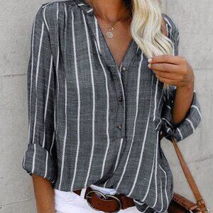 Multicolor Casual Women's Cotton And Linen Loose Striped Shirt